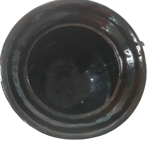 Vintage Glazed Soup Pot/Witch  Cauldron With Lid Handles Black Brown Green - Picture 6 of 8